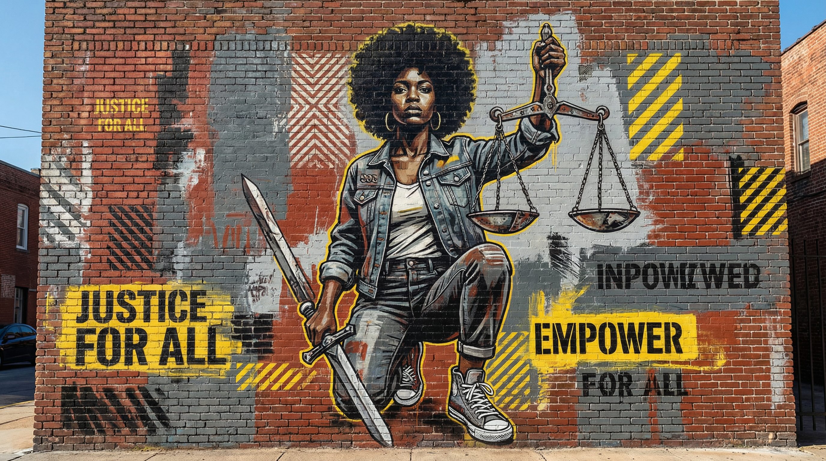 Street art mural of Lady Justice